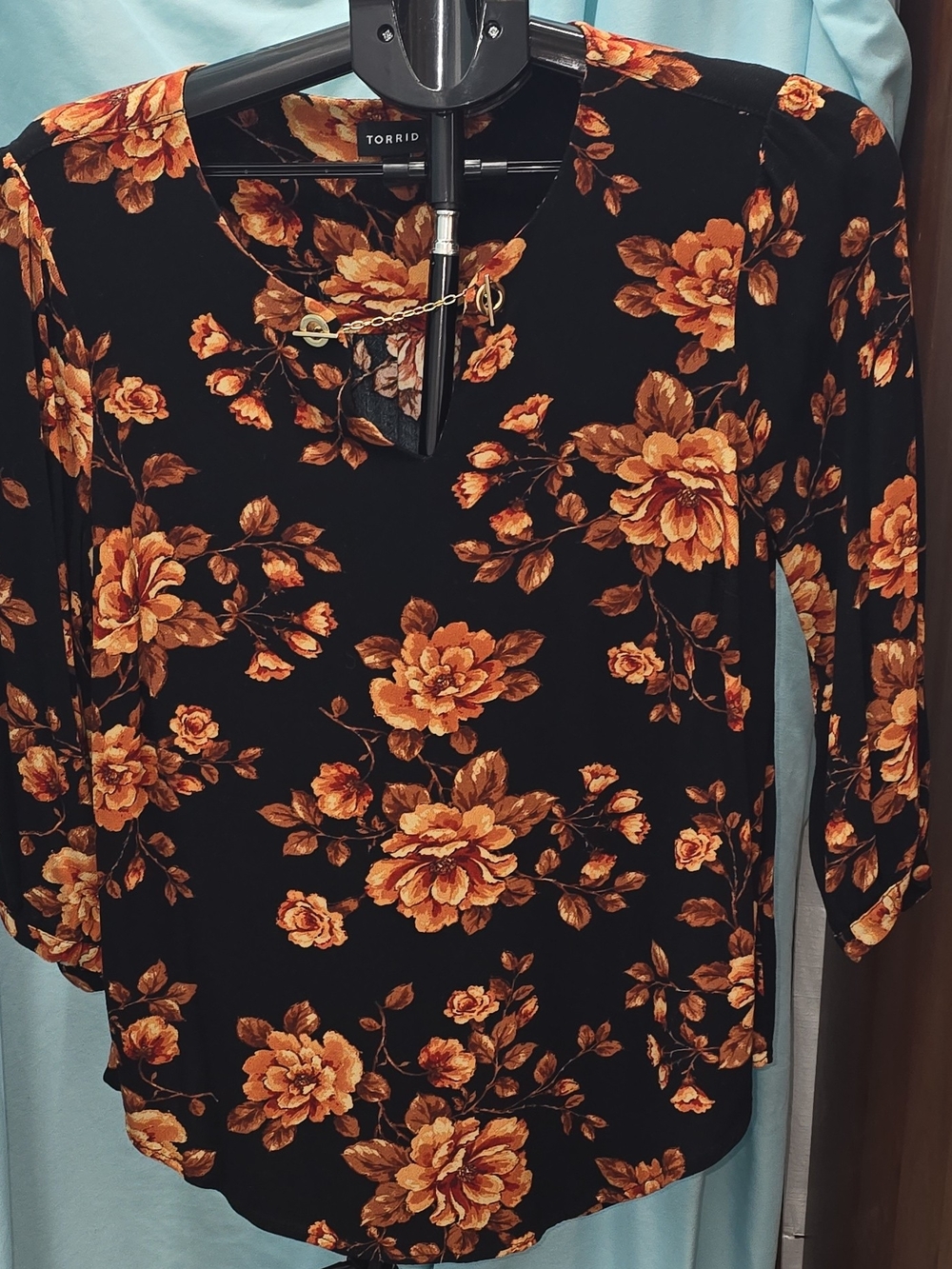 torrid Black Long Sleeve V-Neck Top with Orange Floral Print